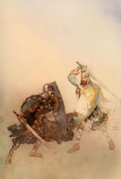 Lohengrin strikes Friedrich down with a single, mighty blow - illustration by Willy Pogány