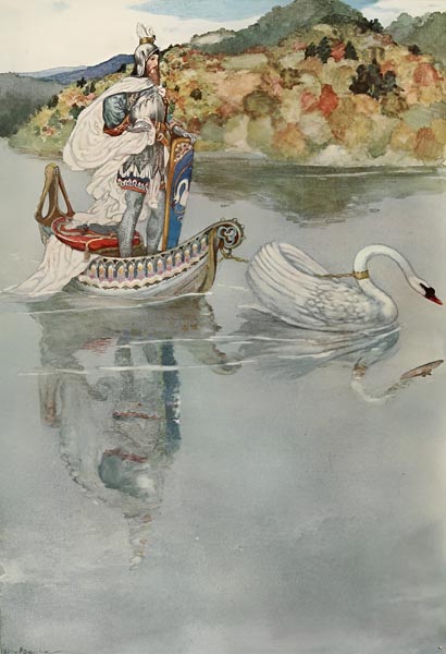 Lohengrin, in shining silver armor, helmet on his head and shield at his back, a golden horn at his side, stands inside the raft, leaning on his sword - illustration by Willy Pogány