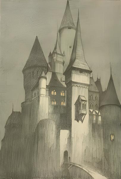 The Castle's windows are lit brightly from within - illustration by Willy Pogány