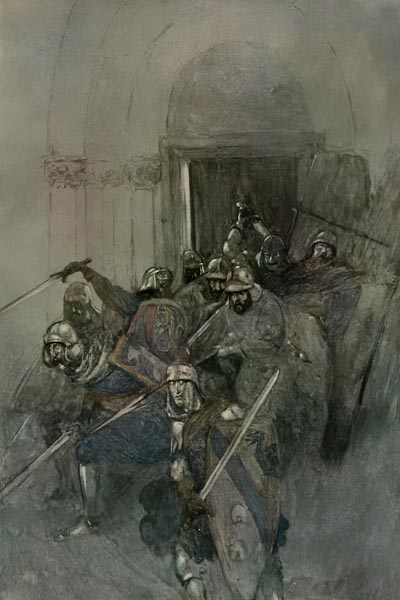 Friedrich and his four nobles enter from a backdoor - illustration by Willy Pogány